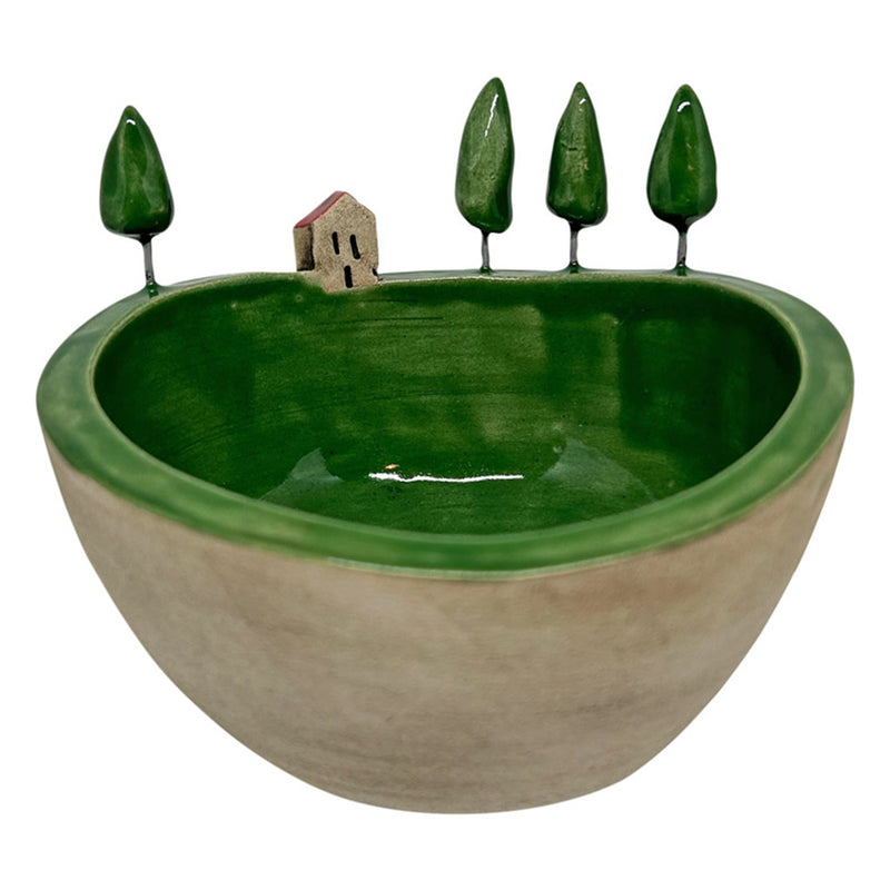 Yan yana dizilmis ev ve agaclarla kenari suslenmis kucuk kase_Small ceramic bowl with house and trees side by side on the edge