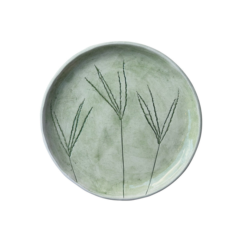 Yan yana uc bitki baskili hediyelik seramik yesil tabak_Giftware green ceramic plate with three identical plants pressed