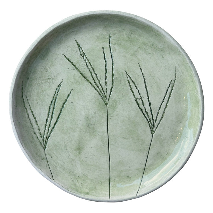 Yan yana uc bitki baskili hediyelik seramik yesil tabak_Giftware green ceramic plate with three identical plants pressed