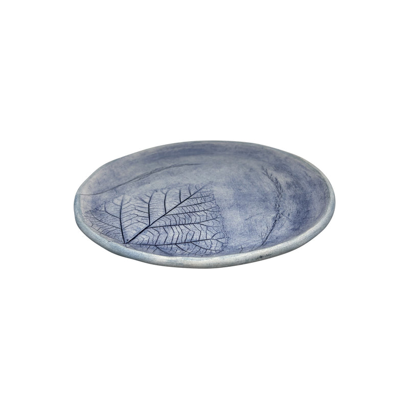 Yan yana yaprak ve ot baskili el yapimi mavi seramik tabak_Blue ceramic plate