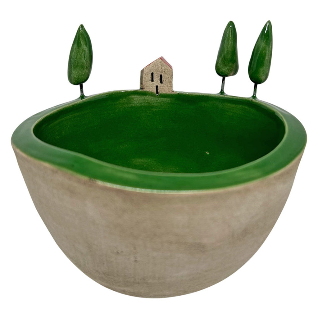 Yaninda agaclariyla minik bir evden olusan kucuk seramik kase_Small ceramic bowl with trees and a house