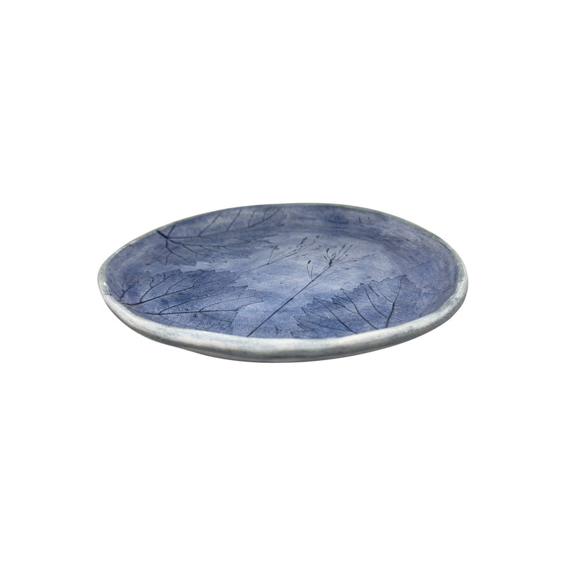 Yaprak desenli mavi seramik pasta tabagi_Blue ceramic cake plate with leaf pattern