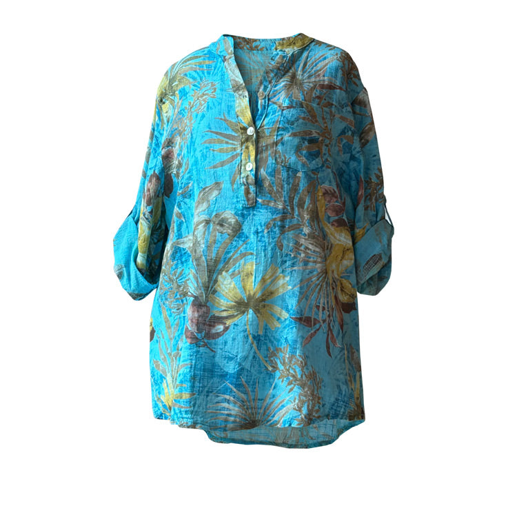 Yaprak desenli mavi yazlik kadin gomlegi_Womens summer shirt with leaf pattern on blue
