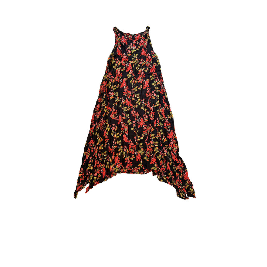 Yaprak ve kirmizi cicek desenli siyah yanlari uzun askili tunik_Black long side strap tunic with leaf and red flower patterns