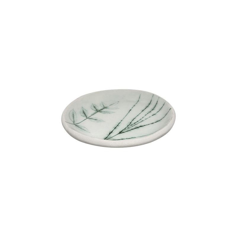 Yaprakli yesil bitki desenli kirik beyaz kalin kucuk tabak_Thick small off white plate with green plant textures