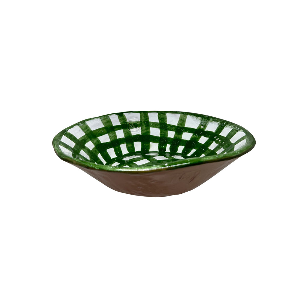 Yesil karolaj desenli beyaz seramik kase_White ceramic bowl with green grid pattern