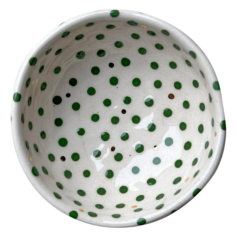 Yesil ve altin rengi benekli minik kase_Handmade small ceramic bowl with green and golden color dots