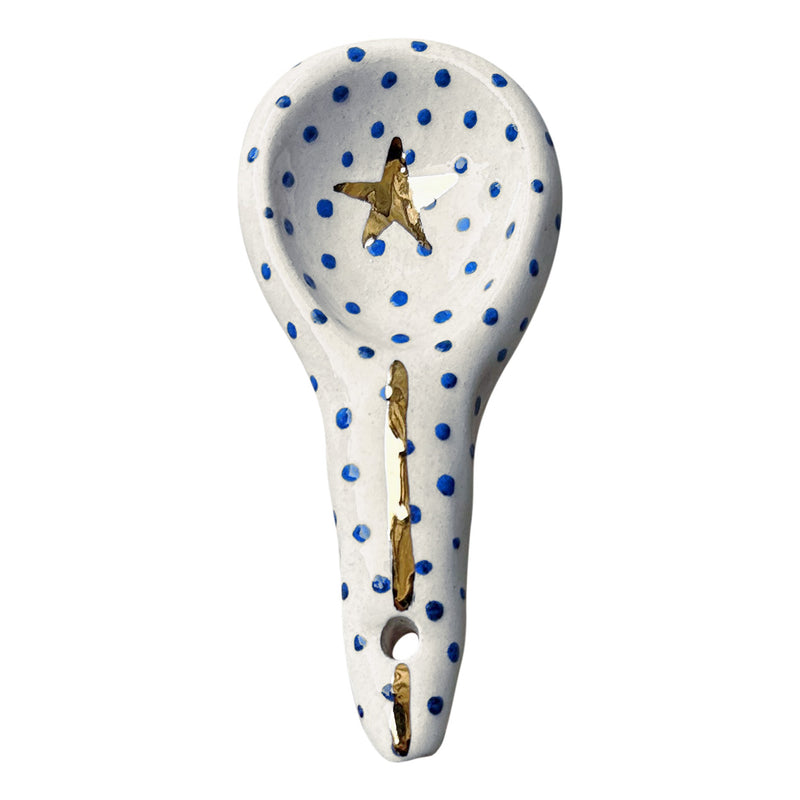 Yildizli cizgili ve noktali mavi altin ve beyaz seramik kasik_Blue white and gold ceramic spoon with star line and dots