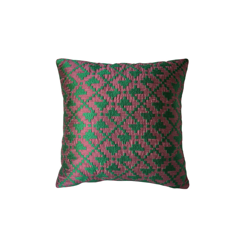 Yinyang sembolunun Anadoludaki versiyonu motif nakisli yesil ve kiremit rengi kirlent_Silk cushion with love and unison motif