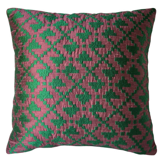 Yinyang sembolunun Anadoludaki versiyonu motif nakisli yesil ve kiremit rengi kirlent_Silk cushion with love and unison motif