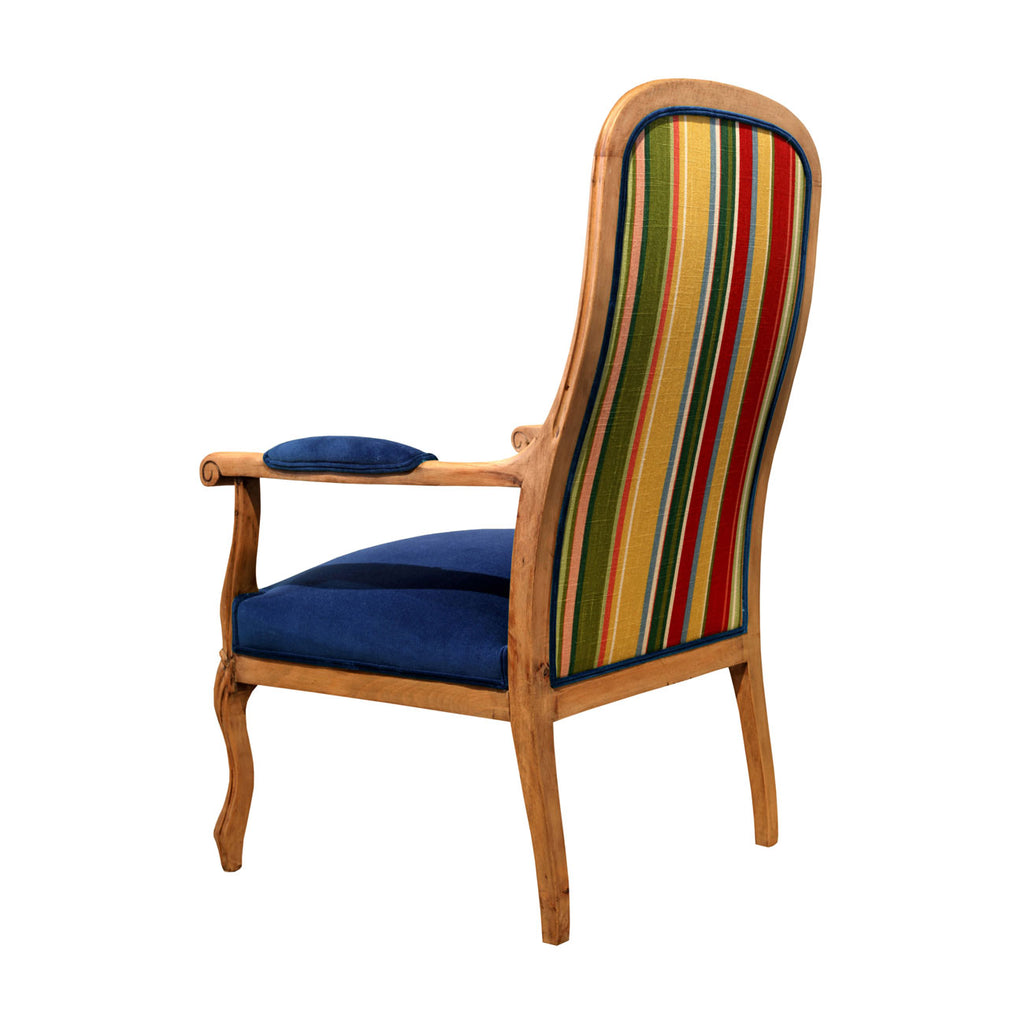 Ahsap iskeletli arkasi donuk gece mavisi kadife sirti cizgili kanvas  koltuk_Wooden framed armchair with cobalt blue velvet and striped canvas upholstery