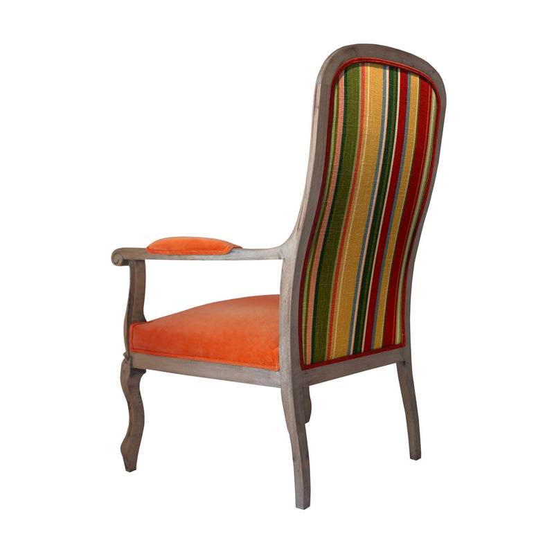 Ahsap iskeletli arkasi donuk turuncu kadife sirti cizgili kanvas  koltuk_Wooden framed armchair with orange colored velvet and striped canvas upholstery