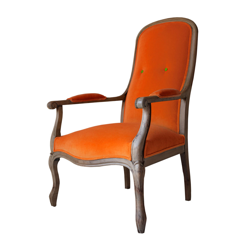 Ahsap iskeletli turuncu kadife koltuk_Wooden framed orange colored velvet armchair_sessel_fauteuil