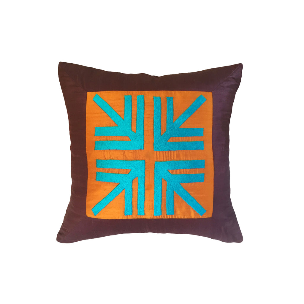 Cam gobegi mavi nakisli koyu mor ve bakir ipek kirlent_Electric blue dark purple and copper tone silk cushion