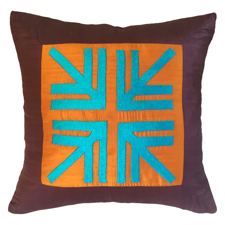 Cam gobegi mavi nakisli koyu mor ve bakir ipek kirlent_Electric blue dark purple and copper tone silk cushion