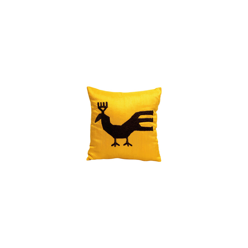 Canli sari santuk ipek uzerine siyah kus motifi nakisli ipek minik yastik_Slubbed silk yellow small cushion with black bird motif_kissen_coussin