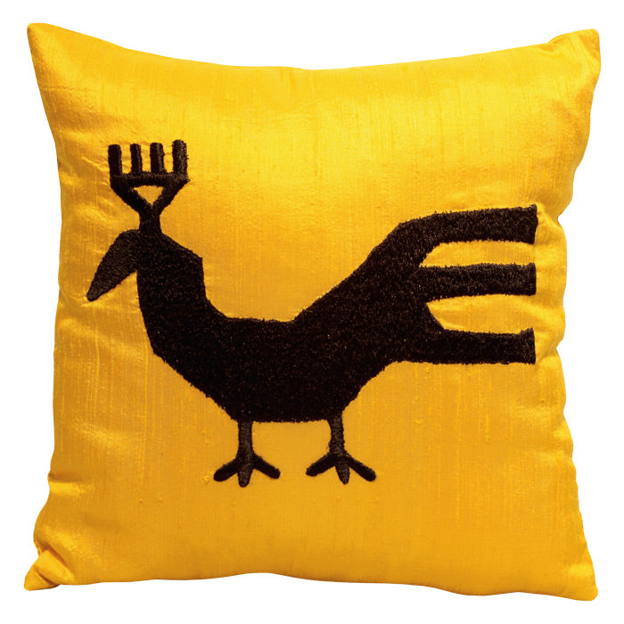 Canli sari santuk ipek uzerine siyah kus motifi nakisli ipek minik yastik_Slubbed silk yellow small cushion with black bird motif_kissen_coussin