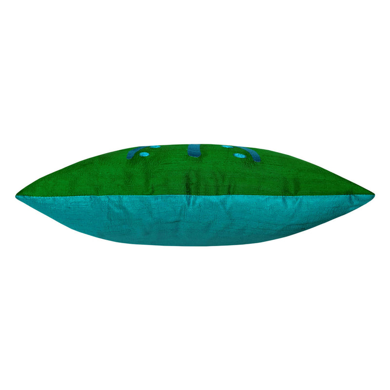 Cimen yesili ve havuz mavisi renklerde desenli ipek yastik_Embroidered silk cushion in lawn green and electric blue colors