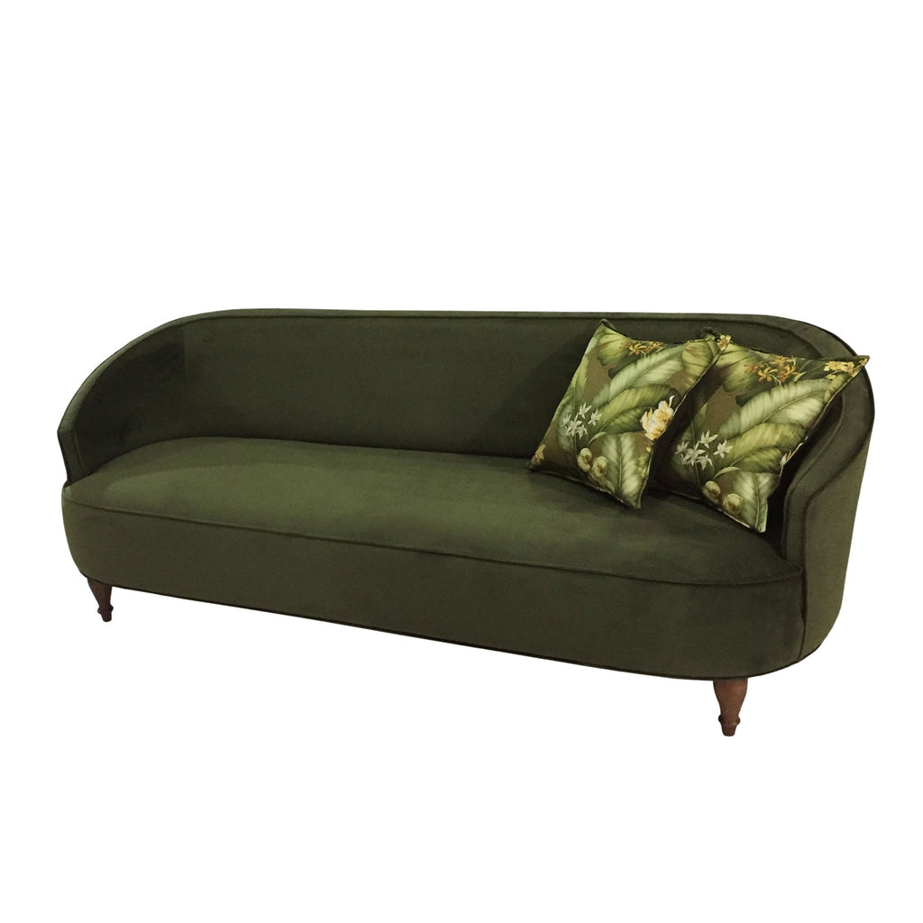 Desenli iki yastikli yuvarlak hatli koyu yesil kadife kanepe_Dark green velvet sofa with patterned two cushions