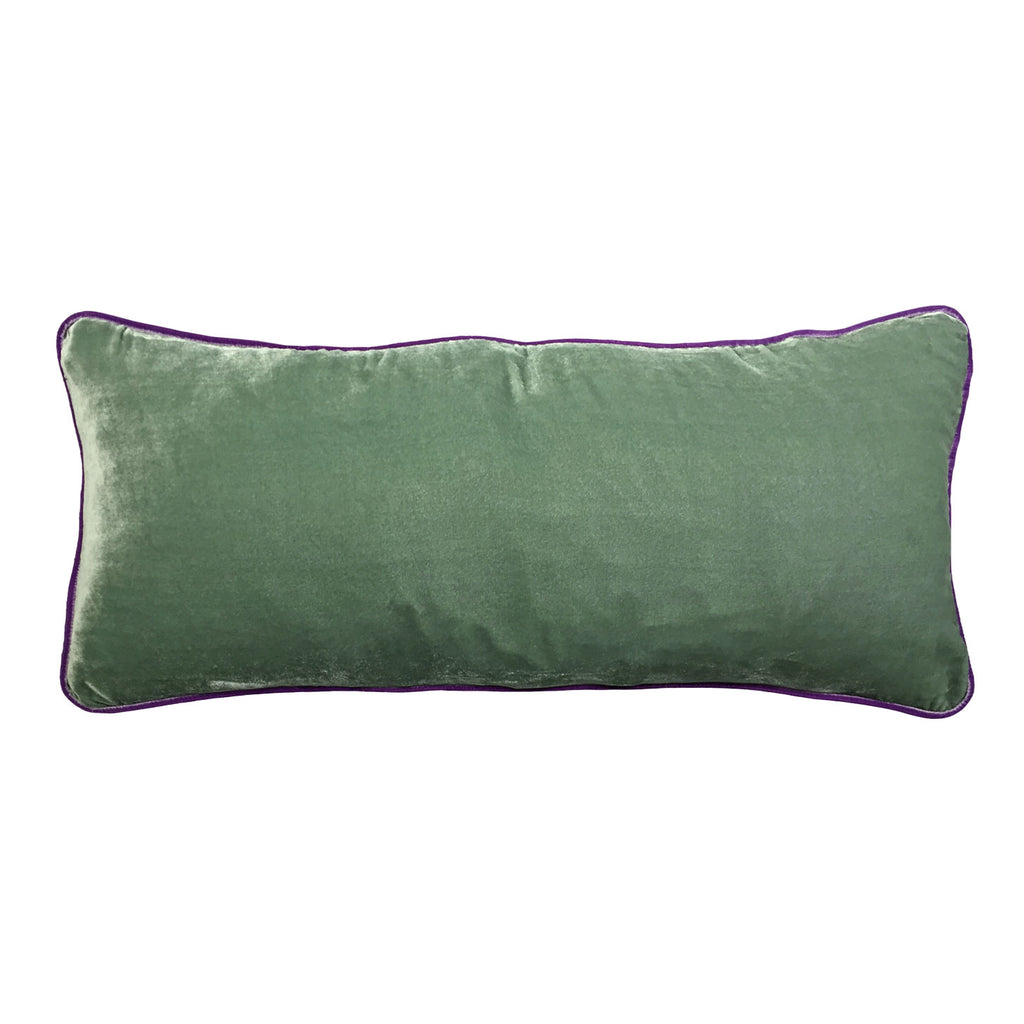 Eflatun biyeli nil yesili uzun ipek kadife kirlent_Eau de nil green long silk velvet cushion with violet piping_kissen_coussin