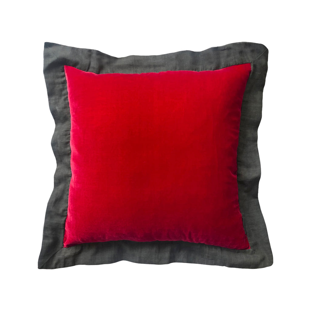 Fume pamuklu kulaklari olan kirmizi buyuk kare ipek kadife kirlent_Dark grey cotton flanged red silk velvet big square pillow