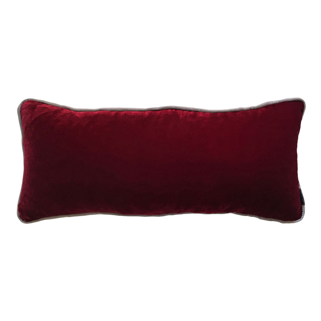 Gri biyeli bordo uzun ipek kadife kirlent_Burgundy red long silk velvet cushion with gray piping_kissen_coussin