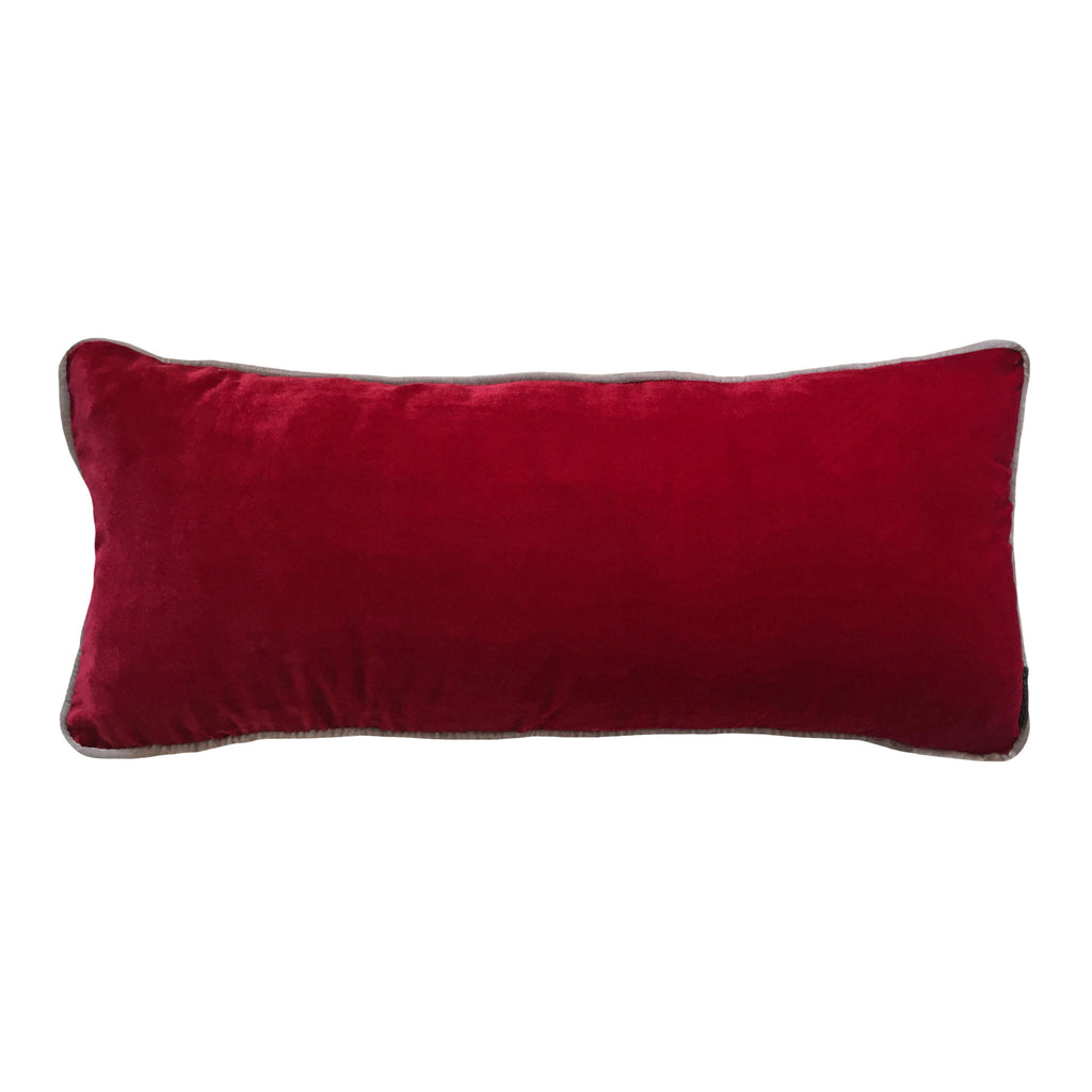 Gri biyeli koyu kirmizi uzun ipek kadife kirlent_Dark red long silk velvet cushion with grey piping_kissen_coussin
