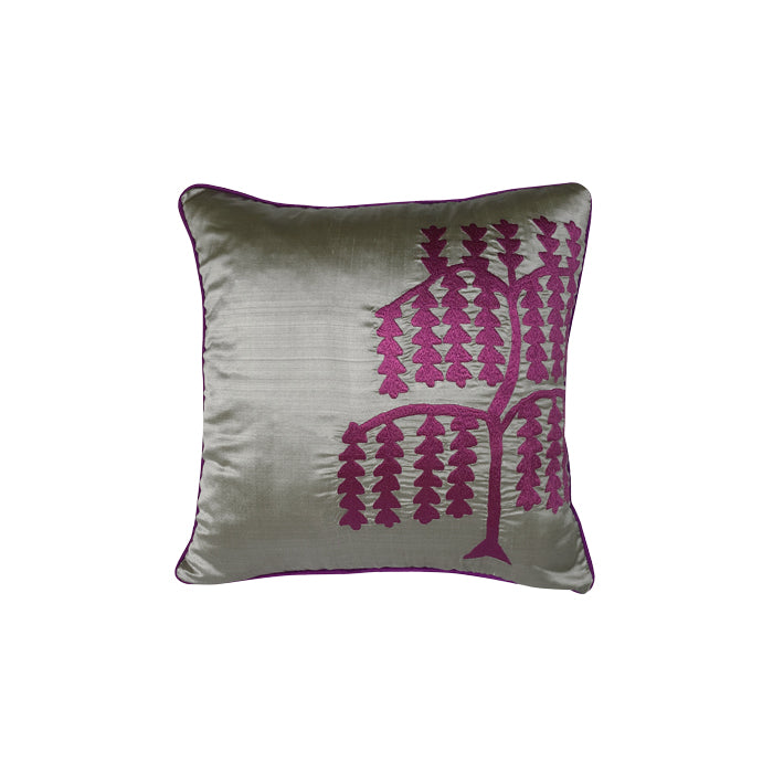 Gri dupyon ipek ustune bordo islemeli kare kirlent_Grey dupion silk cushion with burgundy color embroidery
