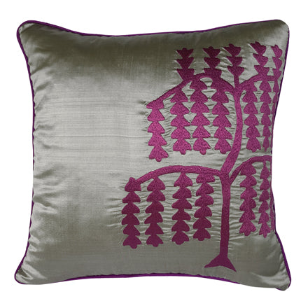 Gri dupyon ipek ustune bordo islemeli kare kirlent_Grey dupion silk cushion with burgundy color embroidery