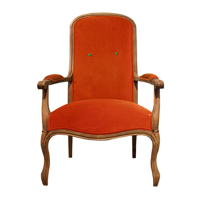 Iki adet yesil dugmeli ahsap iskeletli turuncu kadife koltuk_Wooden framed orange colored velvet armchair with two green buttons