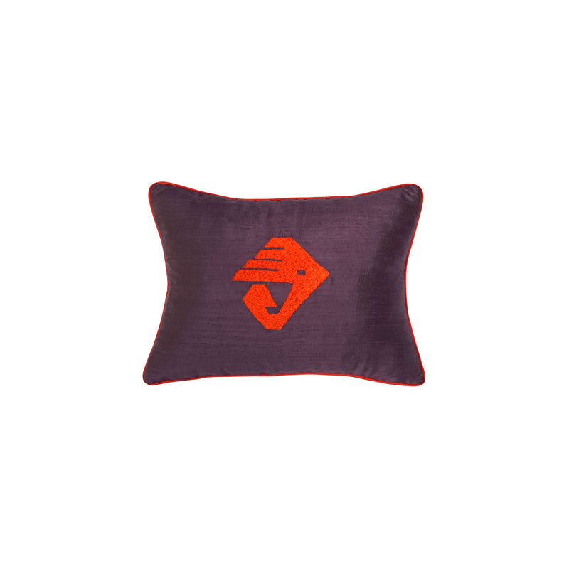 Koyu mor santuk ipek uzerine nar kirmizi kus motifli yastik_Dark purple cushion with vermillion orange color bird embroidery