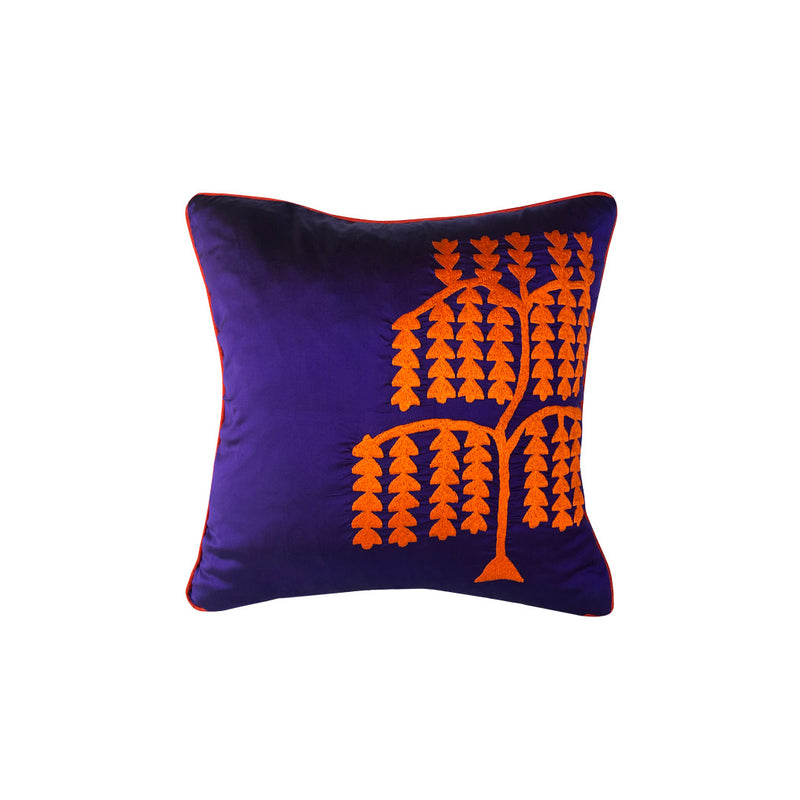 Koyu mor ustune parlak turuncu salkim sogut agaci motifli ipek yastik_Purple silk cushion with orange weeping willow motif