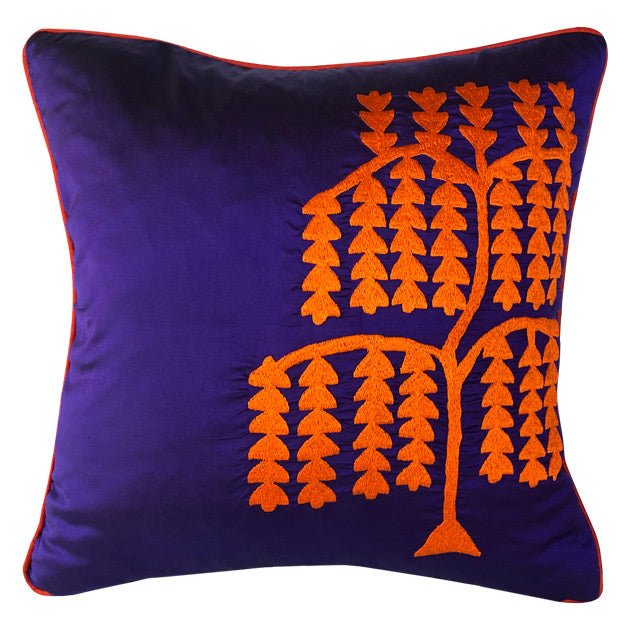 Koyu mor ustune parlak turuncu salkim sogut agaci motifli ipek yastik_Purple silk cushion with orange weeping willow motif