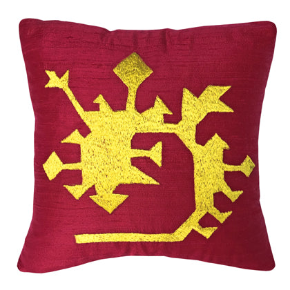 Koyu pembe ustune kanarya sarisi yilan ejder motifi nakisli yastik_Canary yellow serpent dragon motif embroidered dark pink pillow