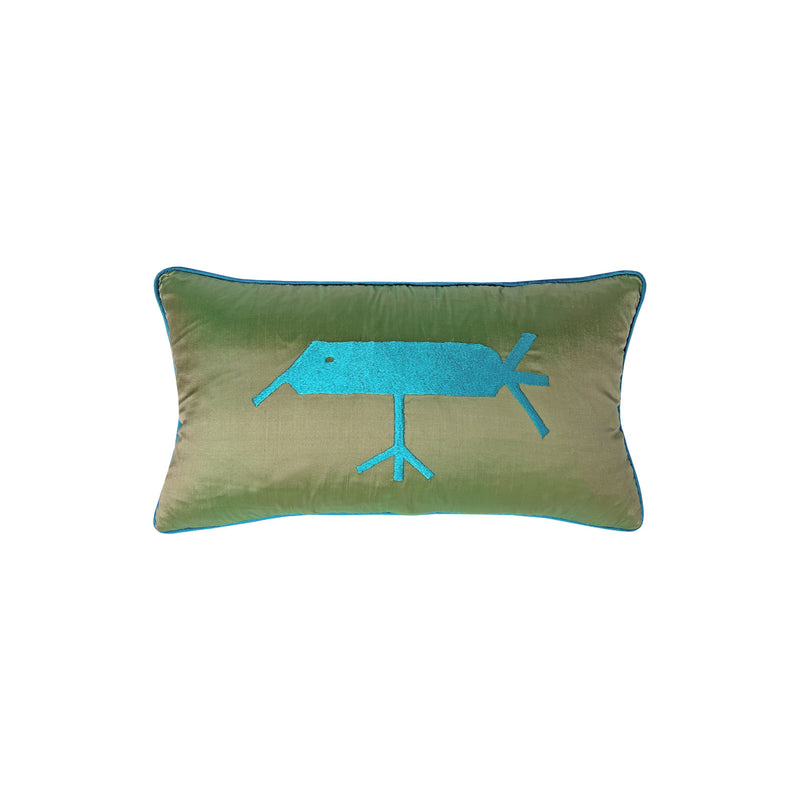 Mavi kus motifi nakisli su yesili ipek dikdortgen yastik_Light green rectangular pillow with blue bird motif embroidery