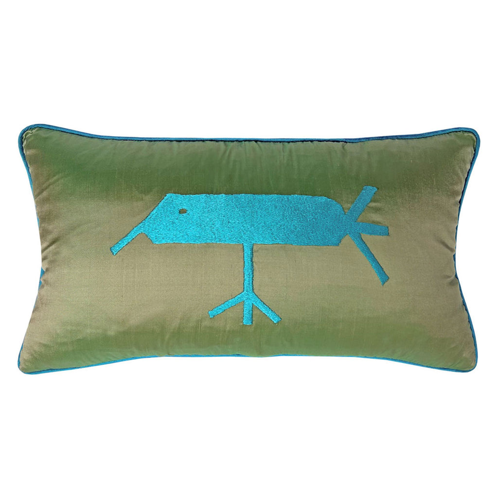 Mavi kus motifi nakisli su yesili ipek dikdortgen yastik_Light green rectangular pillow with blue bird motif embroidery