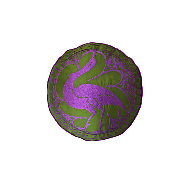 Menekse rengi kus motifli daire kirlent_Green round cushion with violet color bird pattern embroidery