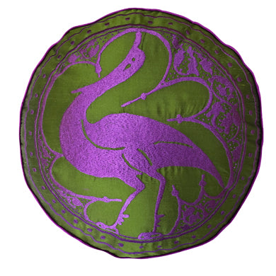Menekse rengi kus motifli daire kirlent_Green round cushion with violet color bird pattern embroidery