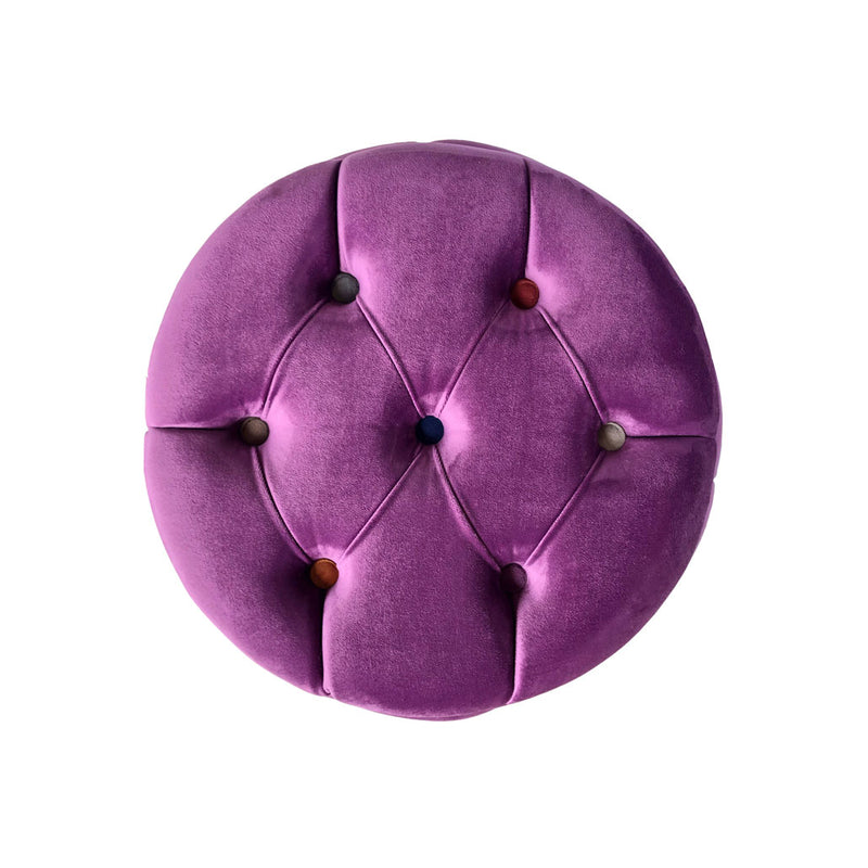 Mor silindirik kapitone kadife pufun ust gorunusu_Top view of purple cylindrical quilted velvet pouf
