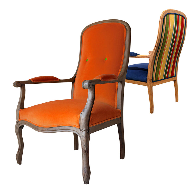 One donuk turuncu ve arkasi donuk gece mavisi kadife iki koltuk_Two armchairs with orange and cobalt blue velvet upholstery 