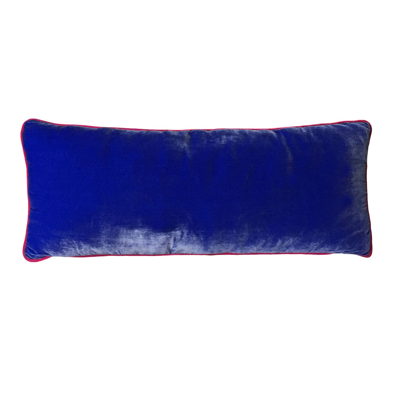 Pembe biyeli gece mavisi uzun ipek kadife kirlent_Cobalt blue long silk velvet cushion with pink piping_kissen_coussin