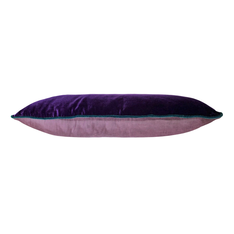 Petrol yesili biyeli arkasi pamuklu mor ipek kadife uzun yastik_Green corded purple silk velvet long cushion with cotton back