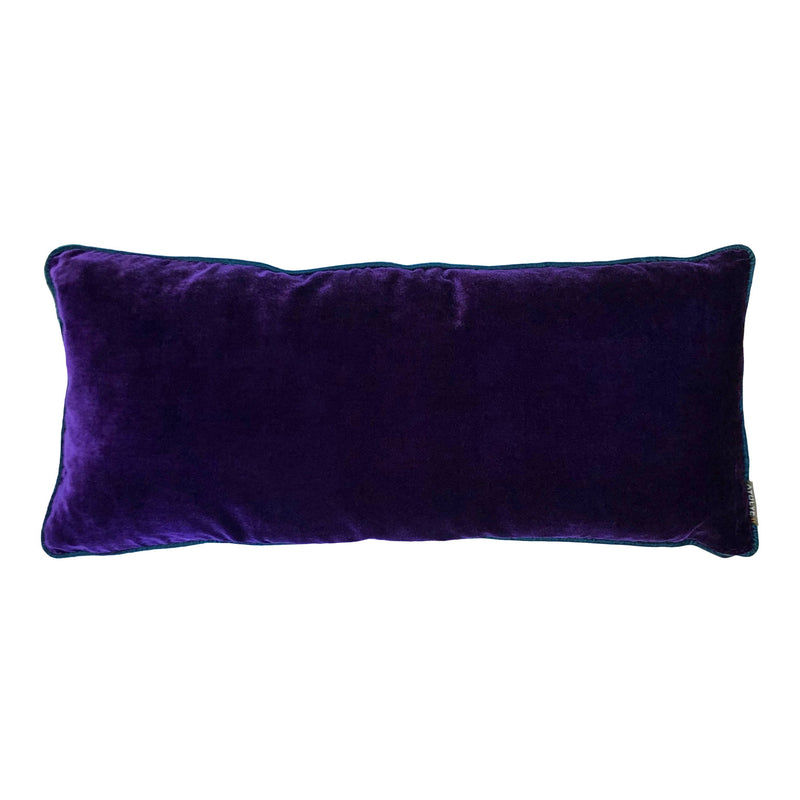 Petrol yesili biyeli mor uzun ipek kadife kirlent_Purple long silk velvet cushion with green piping_kissen_coussin