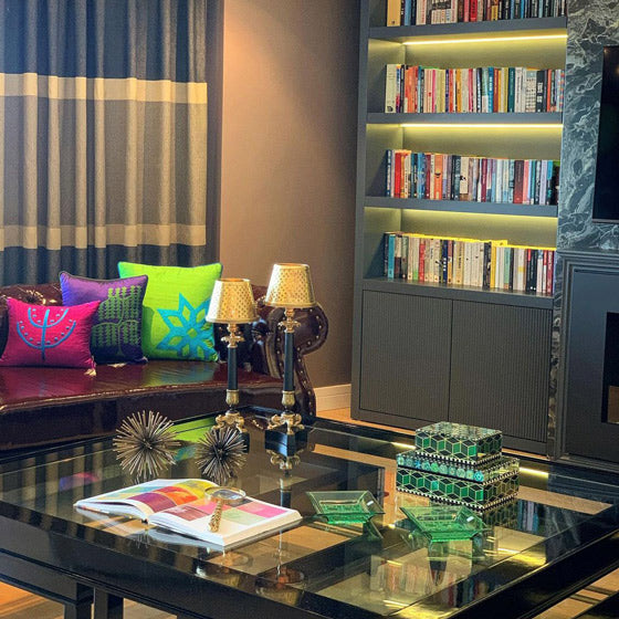 Salonda buyuk sehpanin arkasinda kutuphane ve renkli yastiklarla kanepe_Sofa with cushions library and big coffee table in the living room